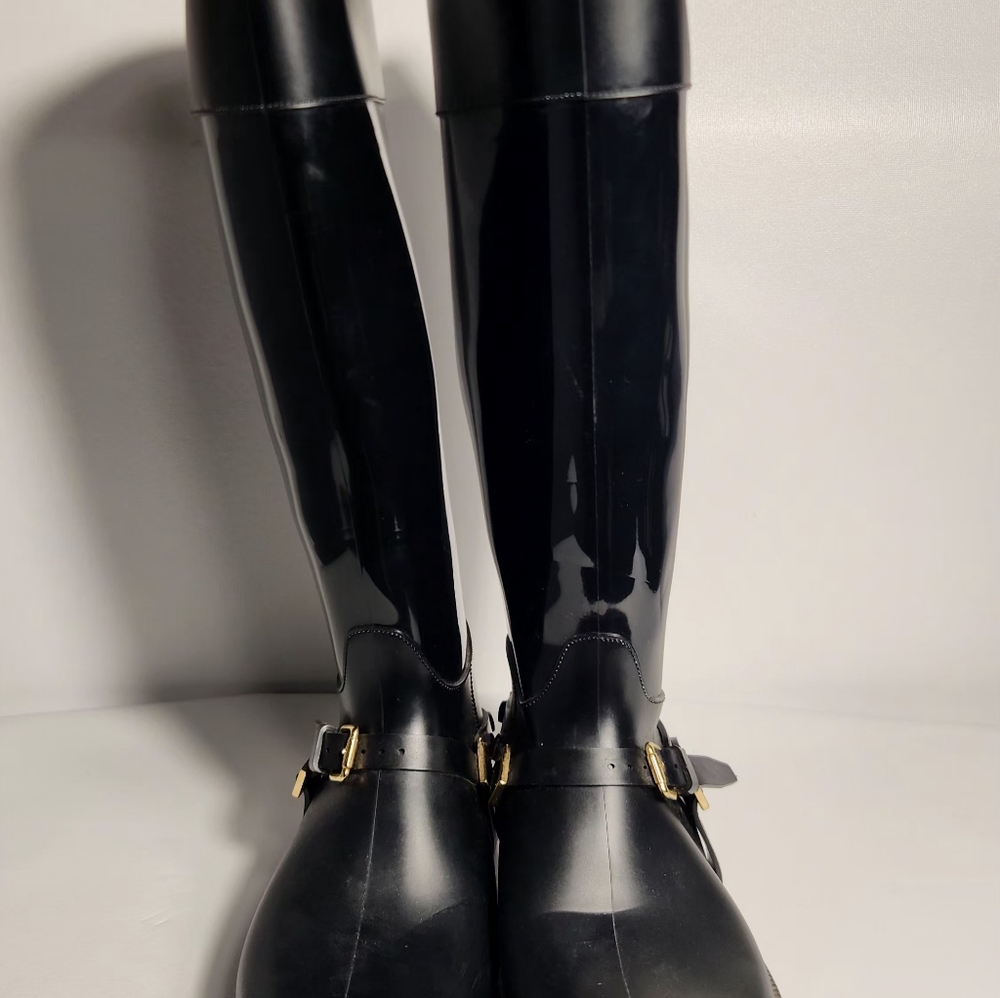 Jimmy Choo CHESHIRE Riding Black Gold Knee High Rain Boots Rubber Women Size 39 - Picture 7 of 14